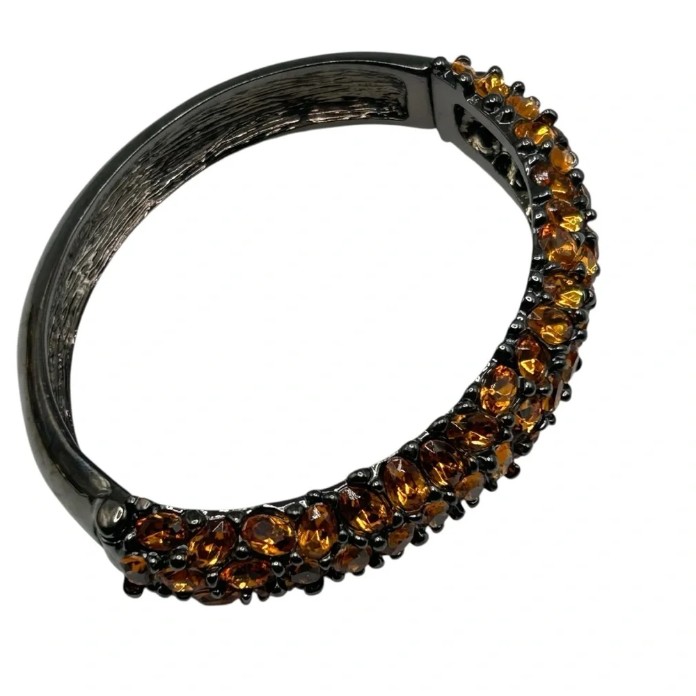 Vintage KJL Orange Rhinestone Gunmetal Hinged Bracelet - Picture 6 of 7